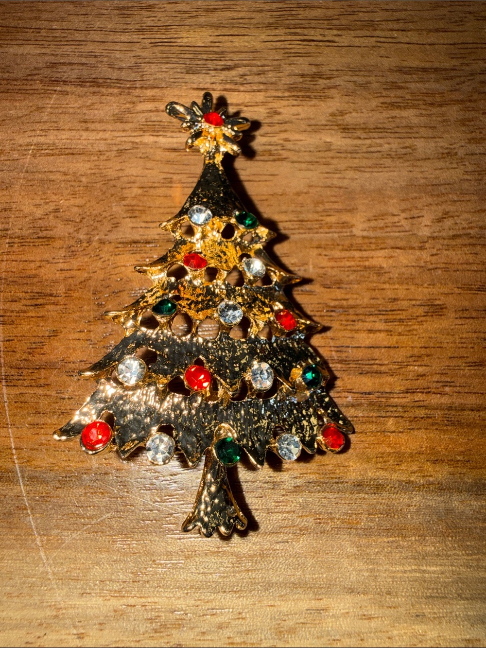 Gold-Tone Christmas Tree Brooch with Red, Green and Clear Stones